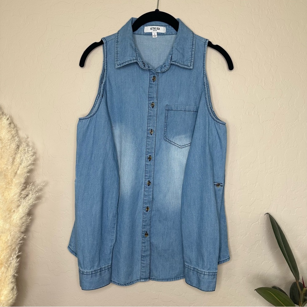 Denim Chambray Cold Shoulder Button Down Shirt, S… - image 1